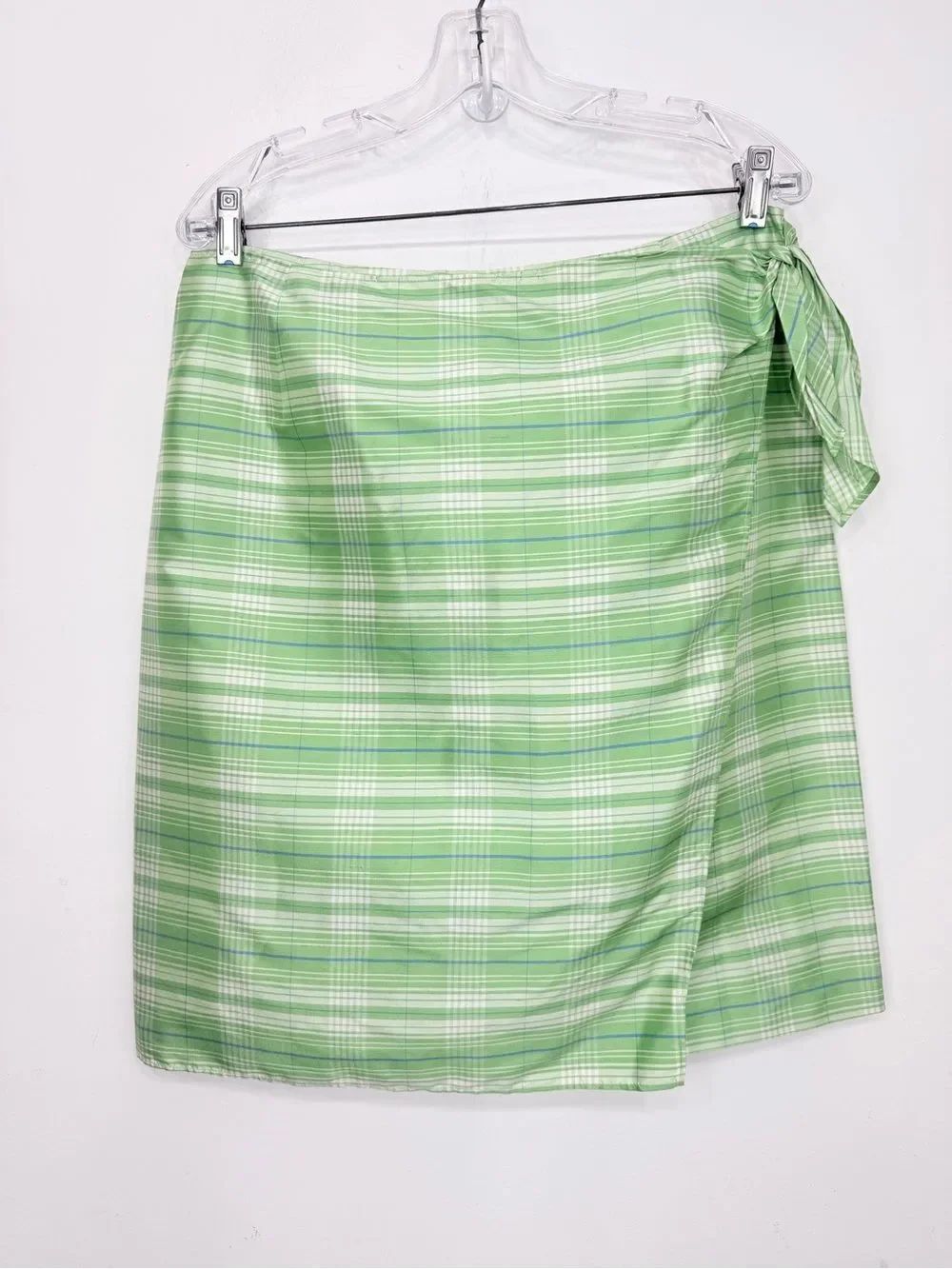 Due per Due Collection Green White Plaid 100% Silk Wrap Skirt